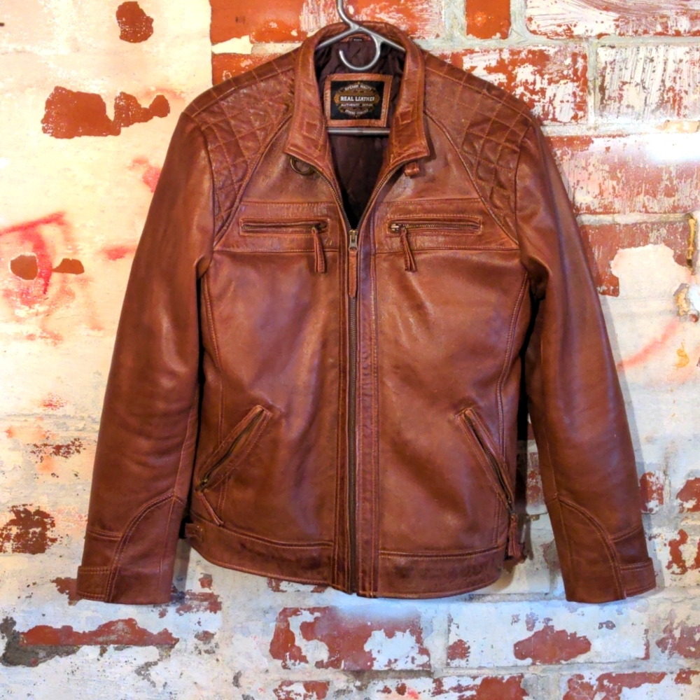 Faux PU Brown Leather Cafe Racer Jacket